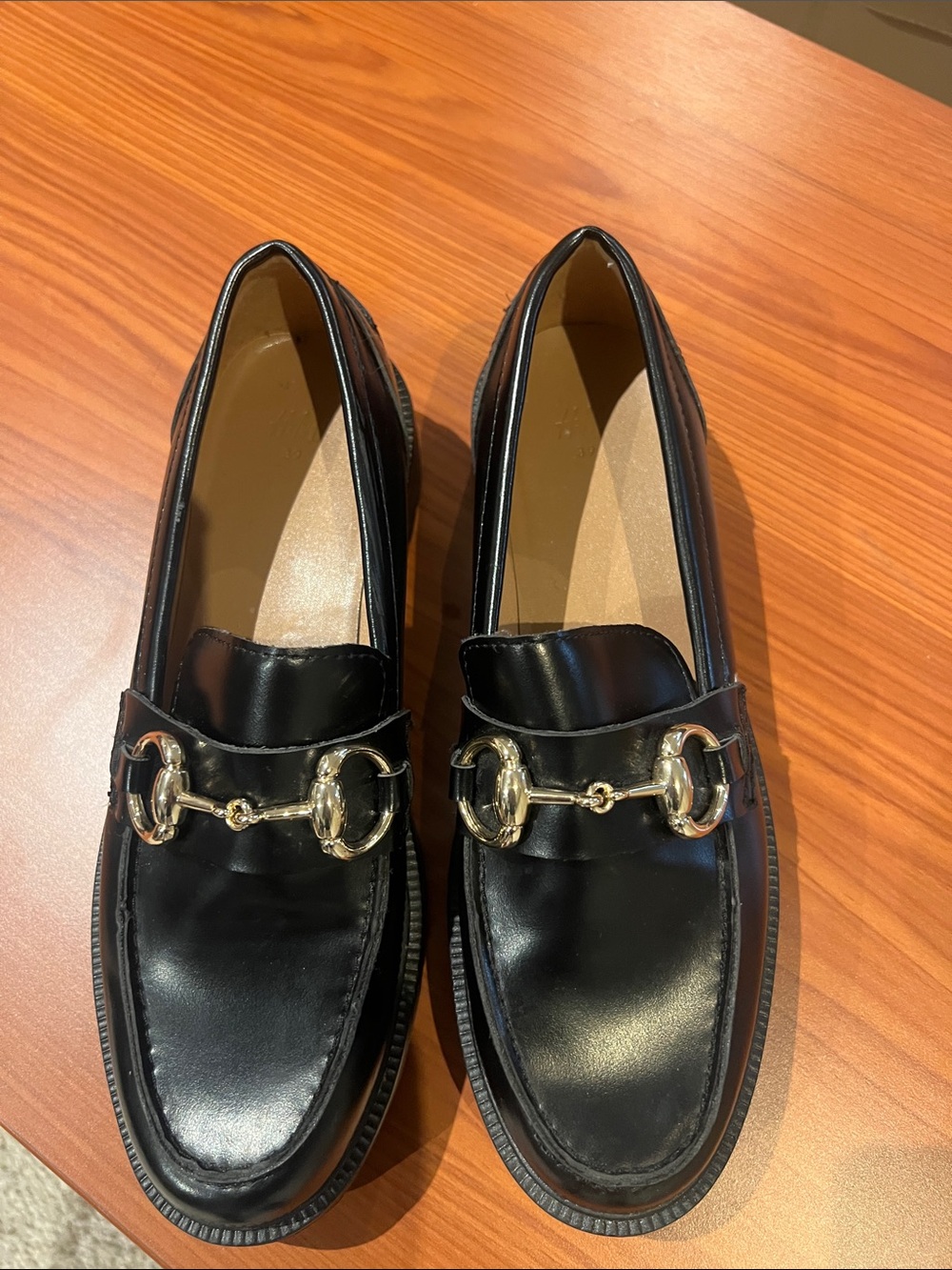 H&M Black Leather Moccasin Loafers with Gold Horsebit